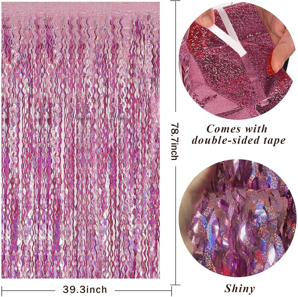 Skiennix Pink Streamers Fringe Backdrop - Metallic Tinsel Curtains for Party & Photo Booth Decor