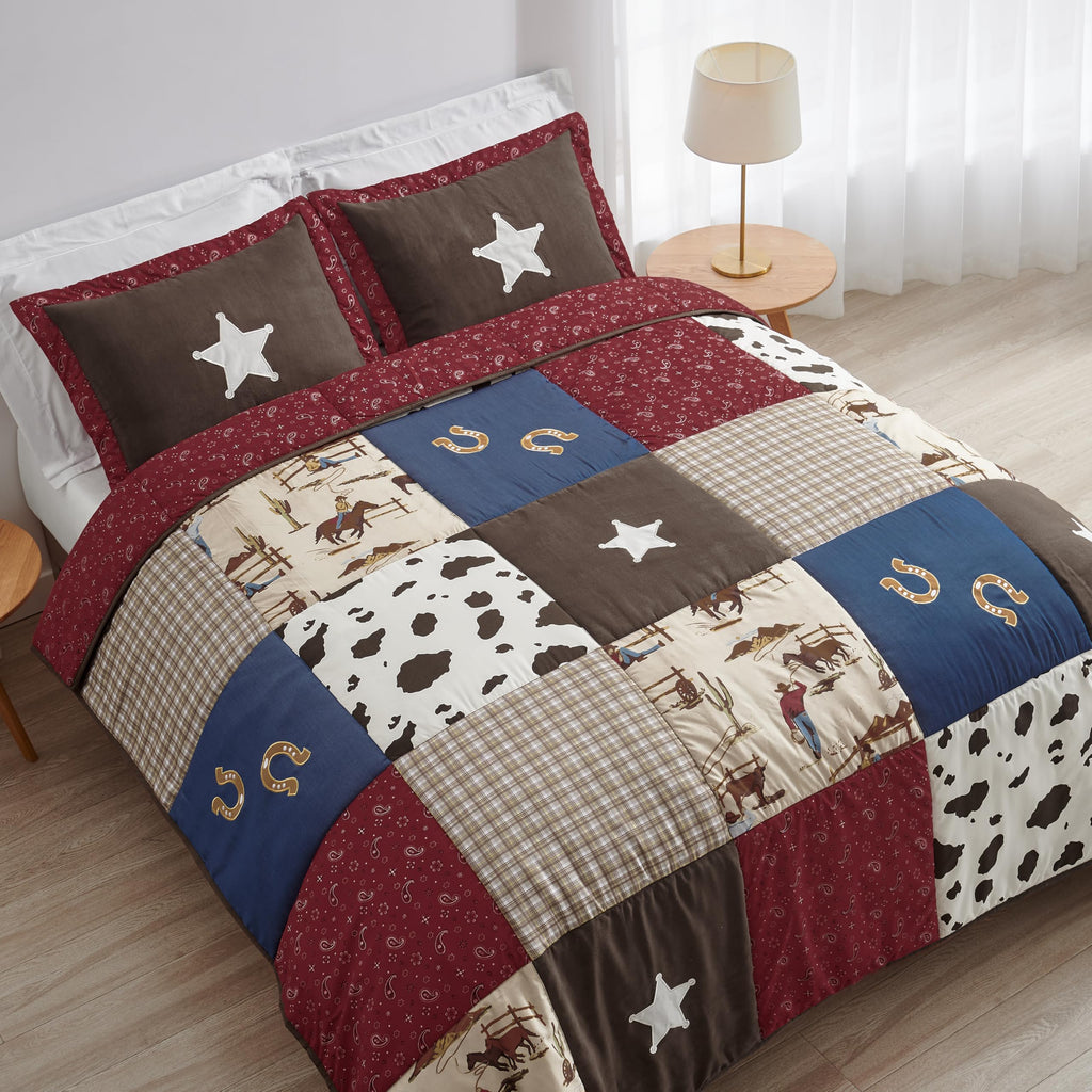 Sweet Jojo Designs 2-Piece Twin Comforter Set (Western Cowboy) for Boys, Children, Kids Bedding, Bed in a Bag incl. Blanket & Pillow Sham (Wild West, Farmhouse, Southern Charm, Country, Horse, Patch)