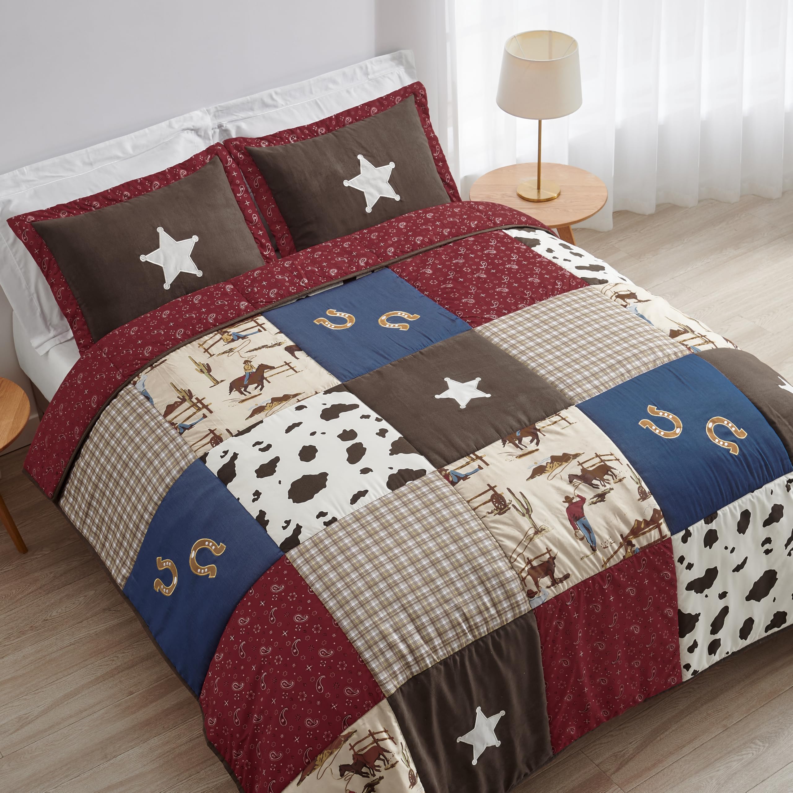 Sweet Jojo Designs 2-Piece Twin Comforter Set (Western Cowboy) for Boys, Children, Kids Bedding, Bed in a Bag incl. Blanket & Pillow Sham (Wild West, Farmhouse, Southern Charm, Country, Horse, Patch)