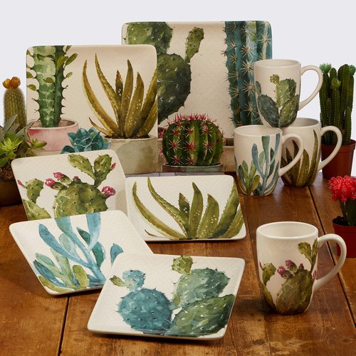 Cactus Verde 10.5" Square Dinner Plates, Set of 4 – Ceramic Southwestern Dinnerware with Watercolor Succulents – Durable Microwave Safe Plates for Everyday Meals and Entertaining