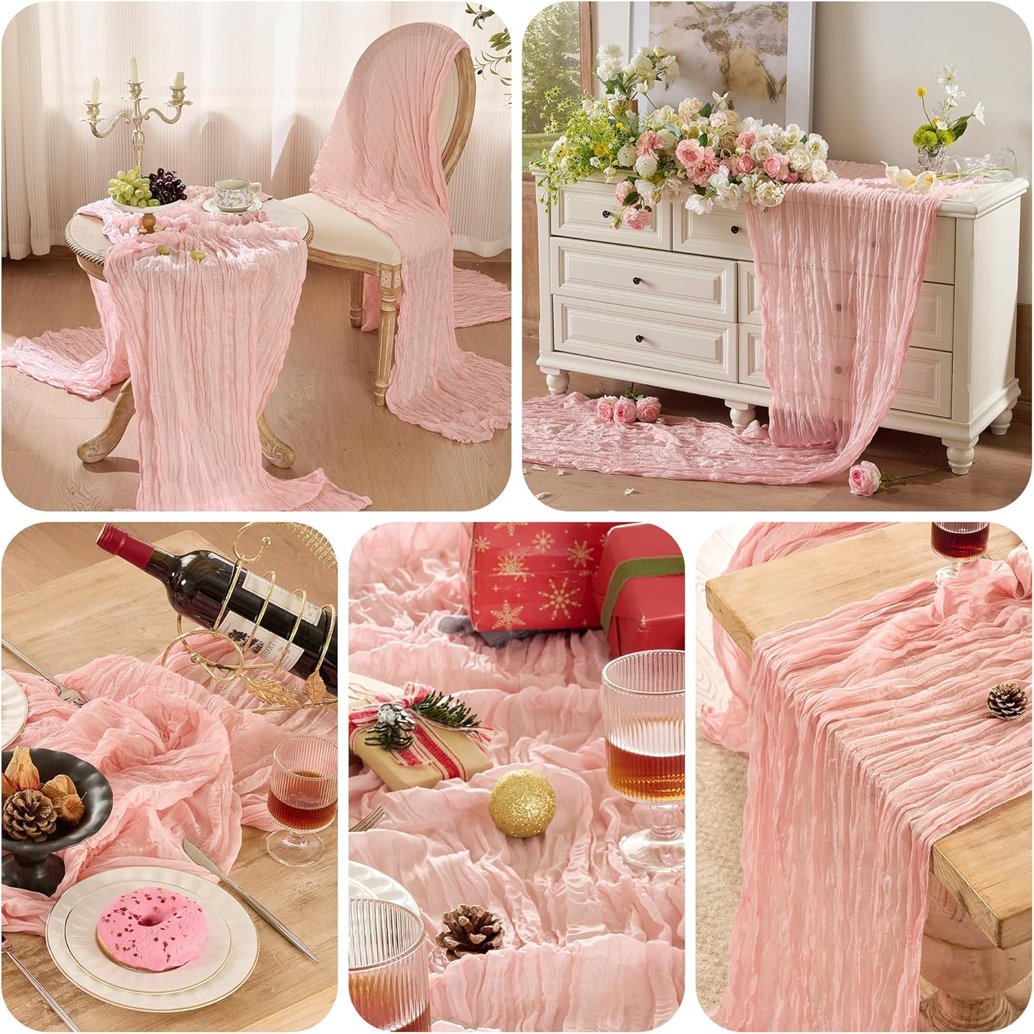 Skiennix 6 Pack Dusty Pink Table Runners - 120 Inch Boho Rustic Cheesecloth for Events & Home Decor