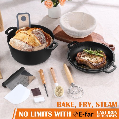 E-far 5QT Dutch Oven for Bread Baking, 2-IN-1 Cast Iron Pot with Skillet Lid & Sourdough Starter Kit, Bread Oven Pan with Baking Supplies for Frying, Braising, BBQ, Rust-Free & Heavy Duty