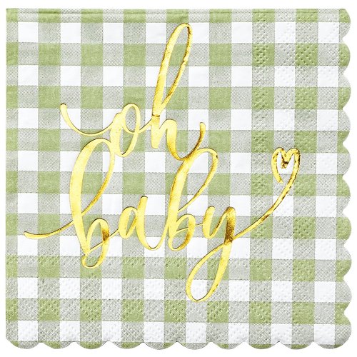RUSPEPA 50 Pcs Baby Shower Grid Napkin Paper, 3 Ply Disposable Green with Gold Foil "Oh Baby" Text Deisgn Luncheon Cocktail Dinner Paper Napkins for New Born Party, 5 x 5 Inch, Green