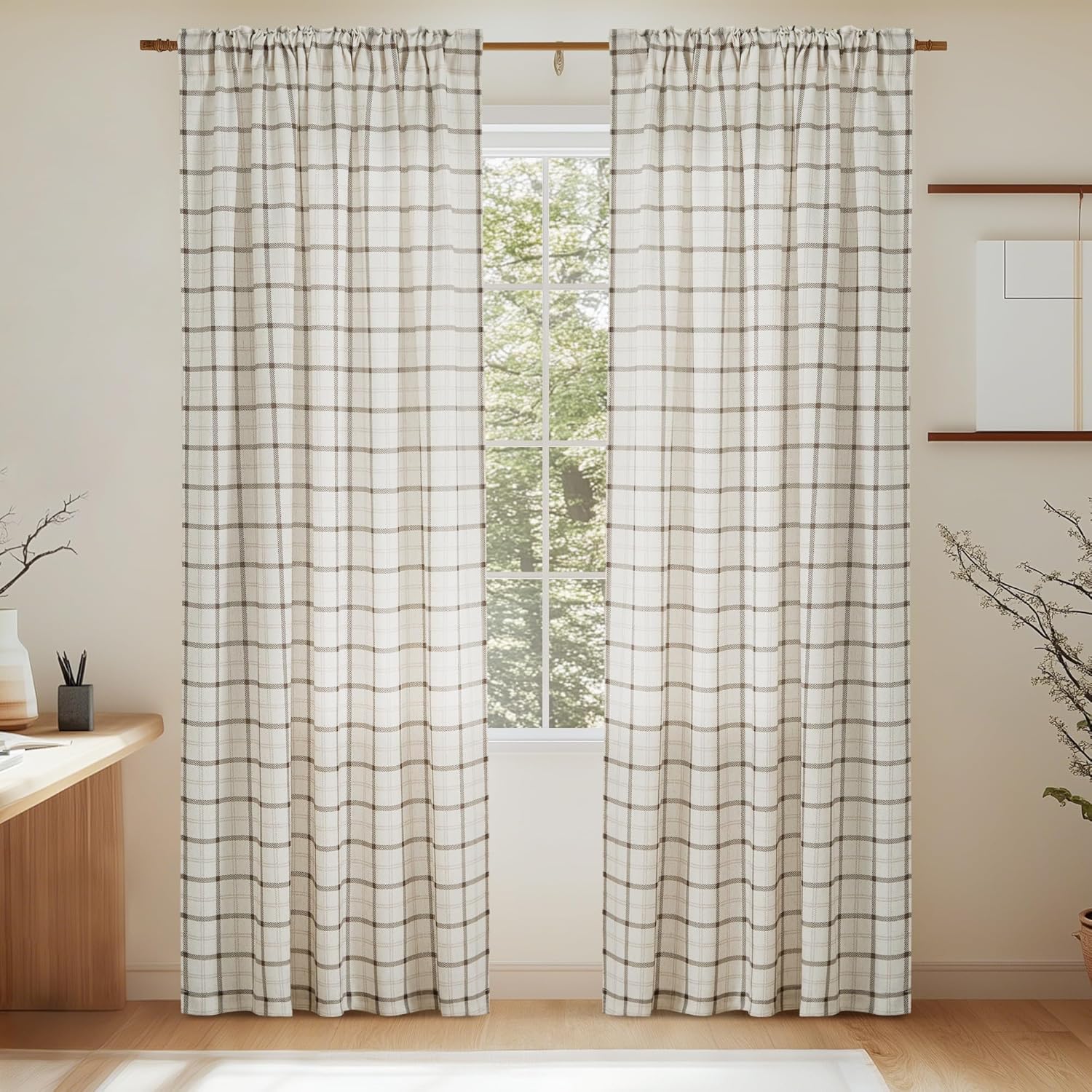 NICETOWN Plaid Window Curtain - 84-Inch Linen Sheer Drapes for Living Room & Bedroom | 52" x 84", White, 1 Pair