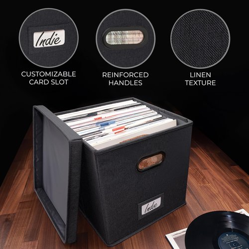 ZICOTO Decorative Vinyl Record Storage Box for 50+ Single Records - Sturdy and Easy to Carry LP Holder with Lid - The Perfect Storage Crate for Your Valuable Album Collection