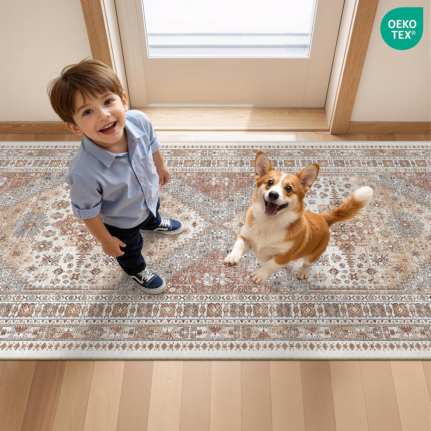 Skiennix Runner Rug - Vintage Non-Slip Washable Hallway Runner | Soft Low Pile 2'x8' Orange