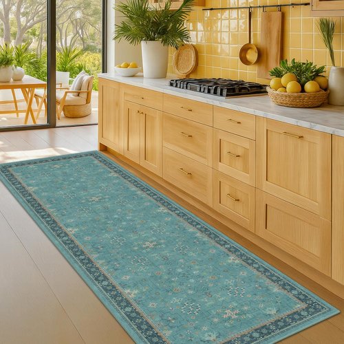 Boho Runner Rugs - Teal 2'6"x10' Washable Indoor Floor Mat with Non-Slip Rubber Backing