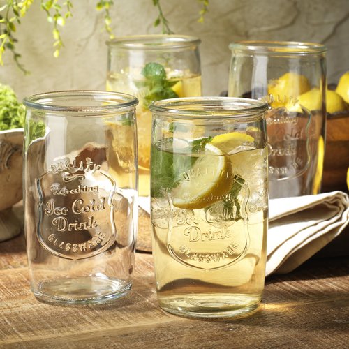 Glaver's Set of 8 Highball Glass Cups 20 OZ Stemless Tall Drinking Glasses For Everyday Use, Vintage Ice Cold Logo Tumbler Glassware for Bar, Juice, Cocktails, Beer, Water glasses.