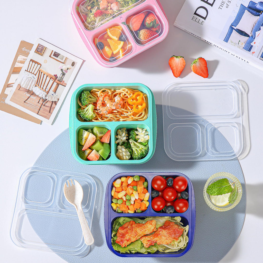 TOUWMX Bento Box For Kids, 4 Pack 3 Compartments Lunchable Meal Prep Containers Lunch Containers, Reusable Snack Containers with Lids, Snack Boxes for School, Work, and Travel