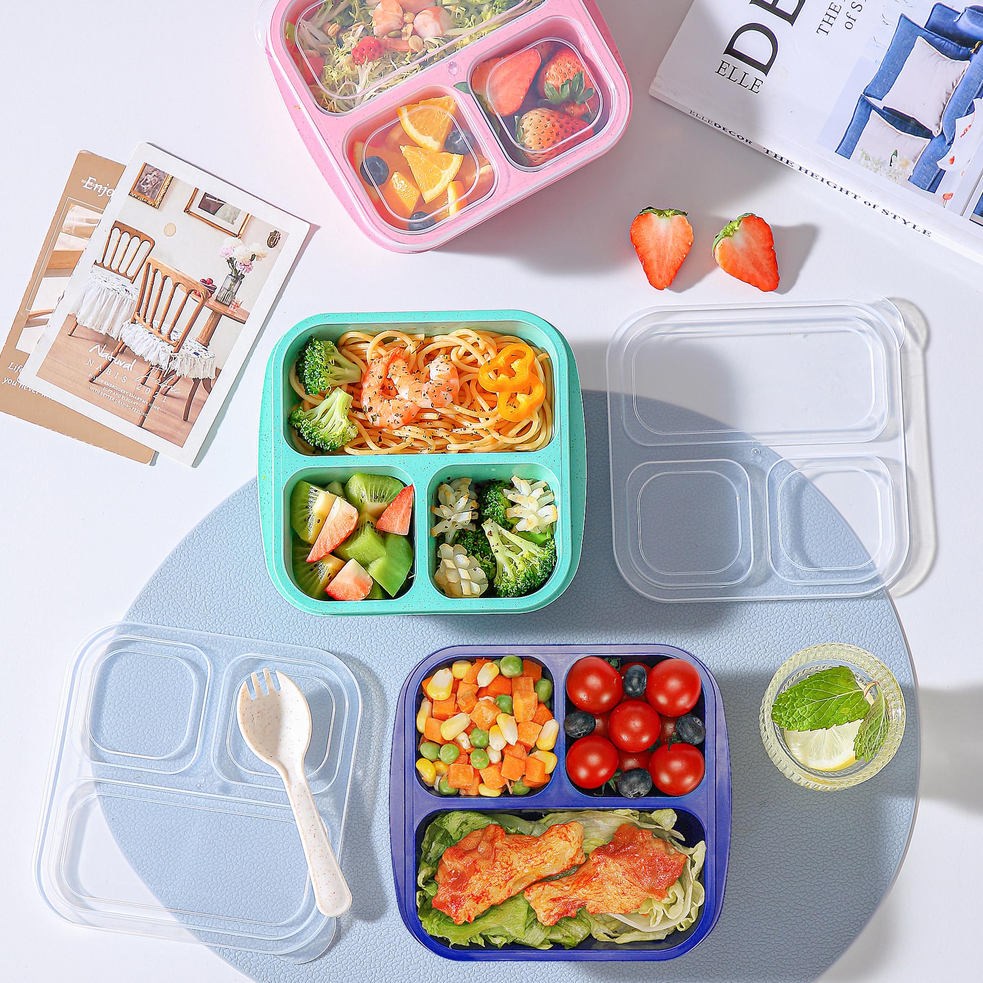 TOUWMX Bento Box For Kids, 4 Pack 3 Compartments Lunchable Meal Prep Containers Lunch Containers, Reusable Snack Containers with Lids, Snack Boxes for School, Work, and Travel