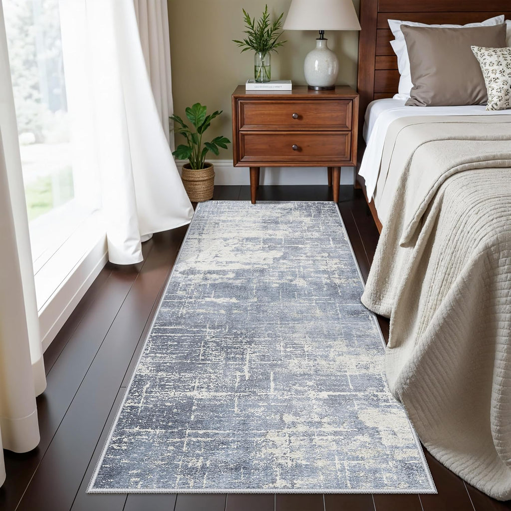 Skiennix Washable 2x5 Abstract Hallway Runner - Soft, Water-Resistant Rug for Indoor Use | Blue/Ivory