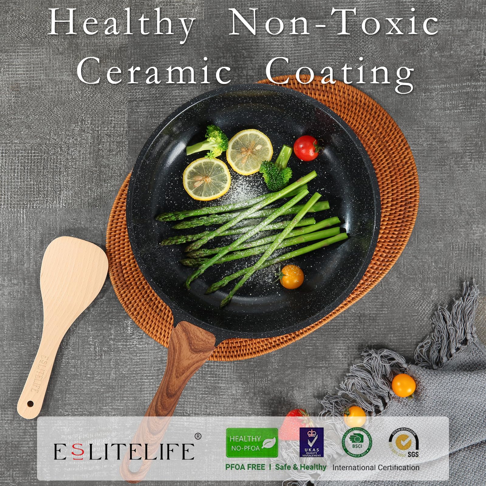 ESLITE LIFE Nonstick Ceramic Frying Pan Skillet with Lid, Non-Toxic Egg Omelette Kitchen Cooking Pans Compatible with All Stovetops (Gas, Electric & Induction), PTFE & PFOA Free (Black, 8" w/Lid)