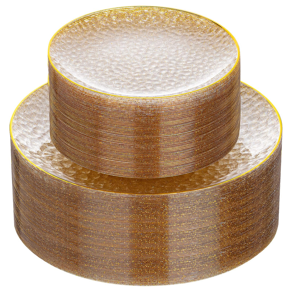 Rubtlamp 60Pcs Clear Gold Plastic Plates, Gold Glitter Disposable Plates, Hammered Plastic Plates Included 30 Dinner Plate And 30 Dessert Plates for Party