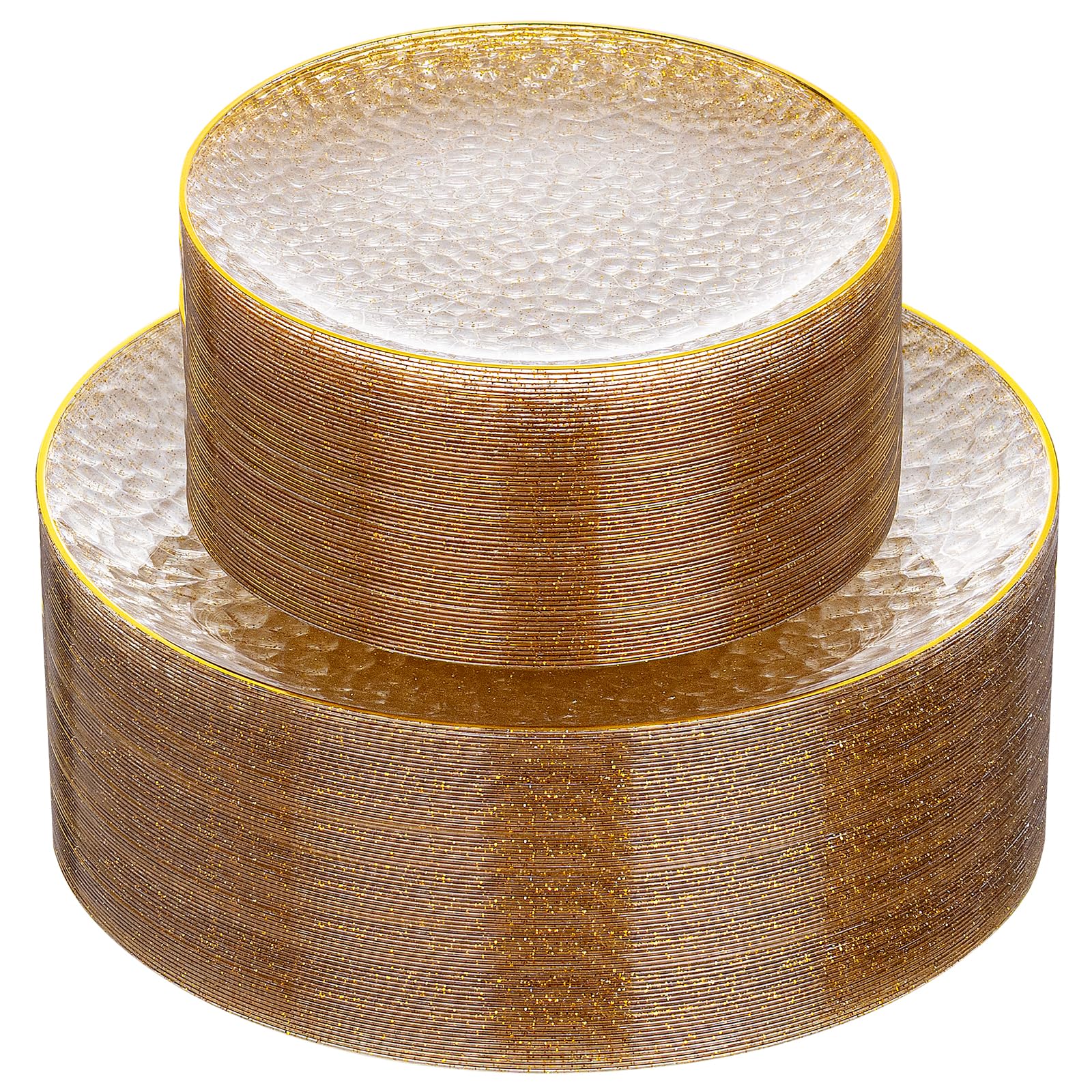 Rubtlamp 60Pcs Clear Gold Plastic Plates, Gold Glitter Disposable Plates, Hammered Plastic Plates Included 30 Dinner Plate And 30 Dessert Plates for Party