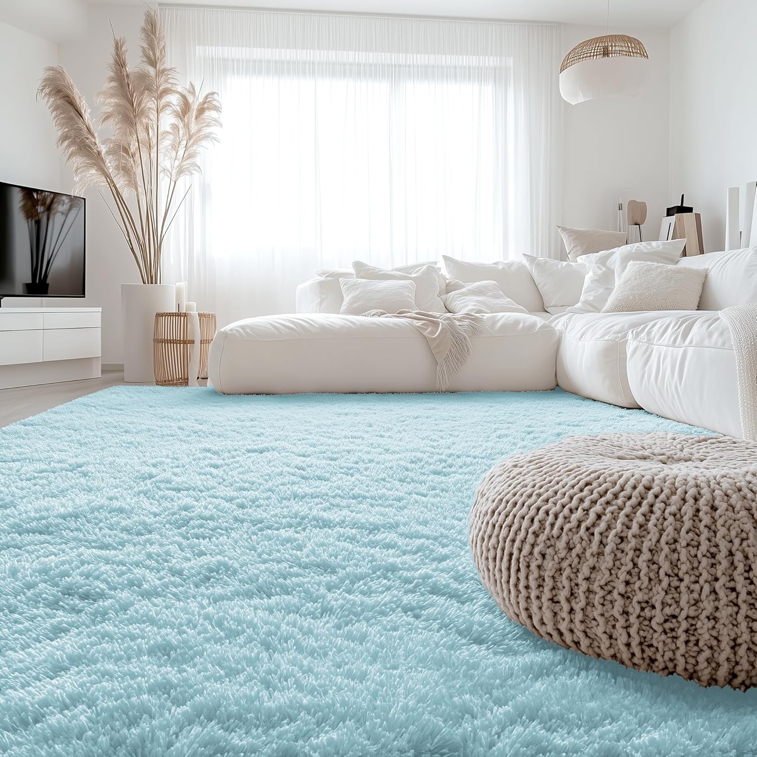 OLANLY Large Area Rug - Soft Fluffy Machine Washable Shaggy Carpet for Living Room & Bedroom | Light Blue