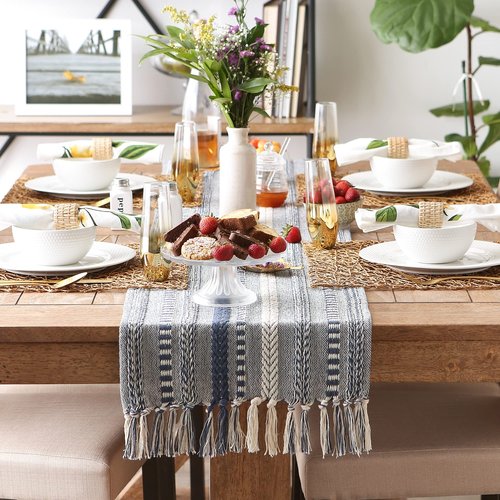 DII Farmhouse Braided Stripe Table Runner Collection, 15x108 (15x113, Fringe Included), French Blue