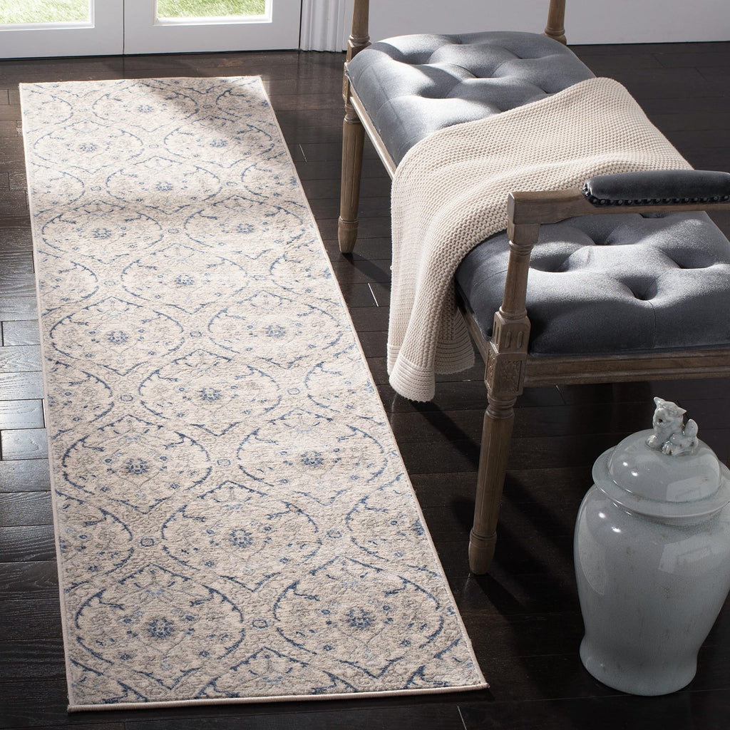 SAFAVIEH Brentwood Collection 3' x 5' Navy / Light Grey BNT860M Floral Damask Ogee Trellis Non-Shedding Living Room Bedroom Accent Rug