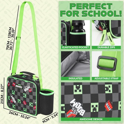 Minecraft Insulated Lunch Bag for Kids Creeper Lunchbox for Boys School Supplies Food Carrier Snacks Picnic Beach Days Travel Gamer Gifts for Kids (Black/Green)