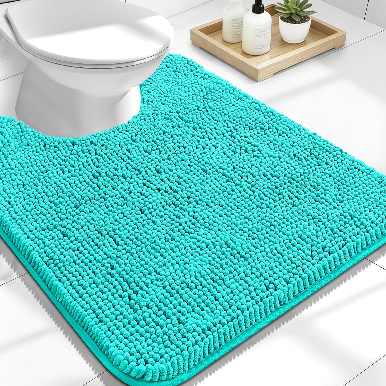 OLANLY U-Shaped Toilet Rug - Extra Soft Chenille Bathroom Mat, Quick-Dry & Non-Slip, 24x20, Teal
