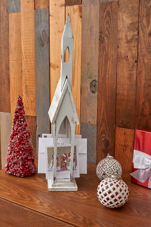GALLERIE II White Church Chapel Large Christmas Card Holder | Mail Holder 11 x 24 inches | Versatile Festive | Holiday Card Holder | Winter Tabletop | Christmas Card Holders Display Cream