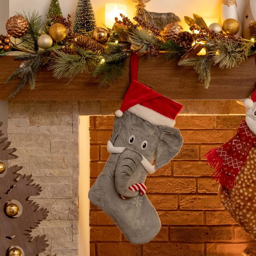 Valery Madelyn Christmas Stockings Decorations, 21 Inch Fabric Red Gray Elephant Cute Plush Personalized Fireplace Hanging Ornament for Holiday Xmas Party Decor