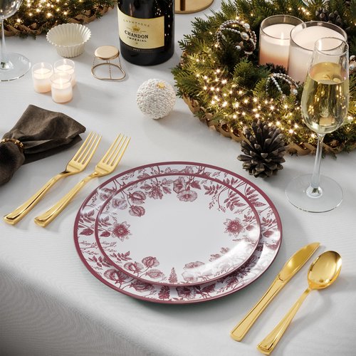Trendables Disposable Plates For Party Supplies | Burgundy Floral Plastic Plates For Wedding 80 Pcs - 40 X 8 & 40 X 10 Dinner Plate Sets | Floral Plate Set Disposable Plastic Dinnerware Sets