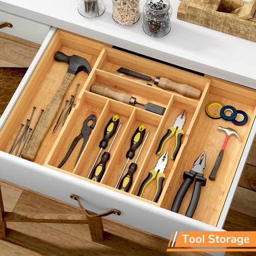 BAMEOS 3" Deepth Expandable Drawer Organizer, Deep Flatware Organizer, Adjustable Silverware Organizer, Bamboo Drawer Organizer for Kitchen, Bathroom (Natural)