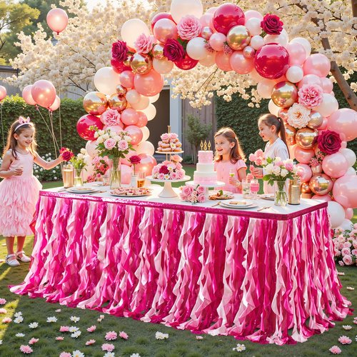Wish Care 17ft Pink Sequin Table Skirt for Rectangle Tables Glitter Curly Willow Fuchsia Tutu Skirt Ruffle Table Cloth Desk Skirts for Princess Girls Birthday Baby Shower Party Cake Table Decorations