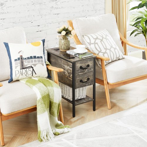 VECELO End Tables,Narrow Nightstands with Charging Station & USB Ports &Drawers,Night Stand for Living Room, Bedroom,Misty Gray
