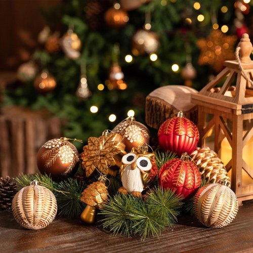 Valery Madelyn Christmas Ornaments Set, 80ct Red and Brown Shatterproof Christmas Tree Decorations, Woodland Hanging Ball Ornaments Bulk for Xmas Holiday Decor