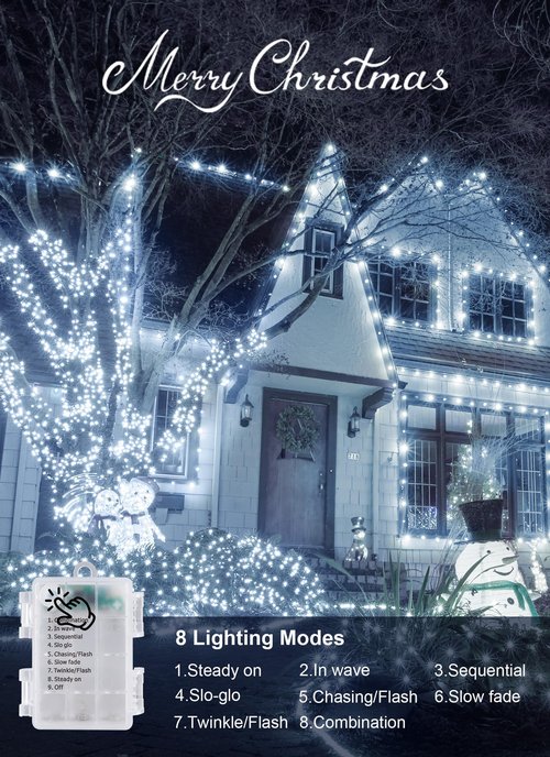 Battery Operated String Lights Outdoor, 17 FT 50 LED Battery Powered String Fairy Lights with Time, 8 Modes, Waterproof Twinkle String Lights for Outside Indoor Bedroom Tree Wedding Party, Pure White