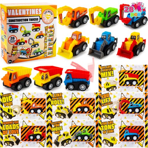 JOYIN 28 Valentine's Day Mini Construction Vehicle Greeting Cards for Kids Classroom Exchange Prizes, Construction Truck Toys Party Favor Gifts