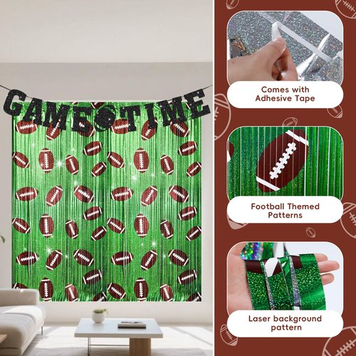 Football Party Decorations Backdrop 3.3x6.6 Ft Football Foil Fringe Curtain Sports Birthday Party Decorations Supplies with Game Time Banner