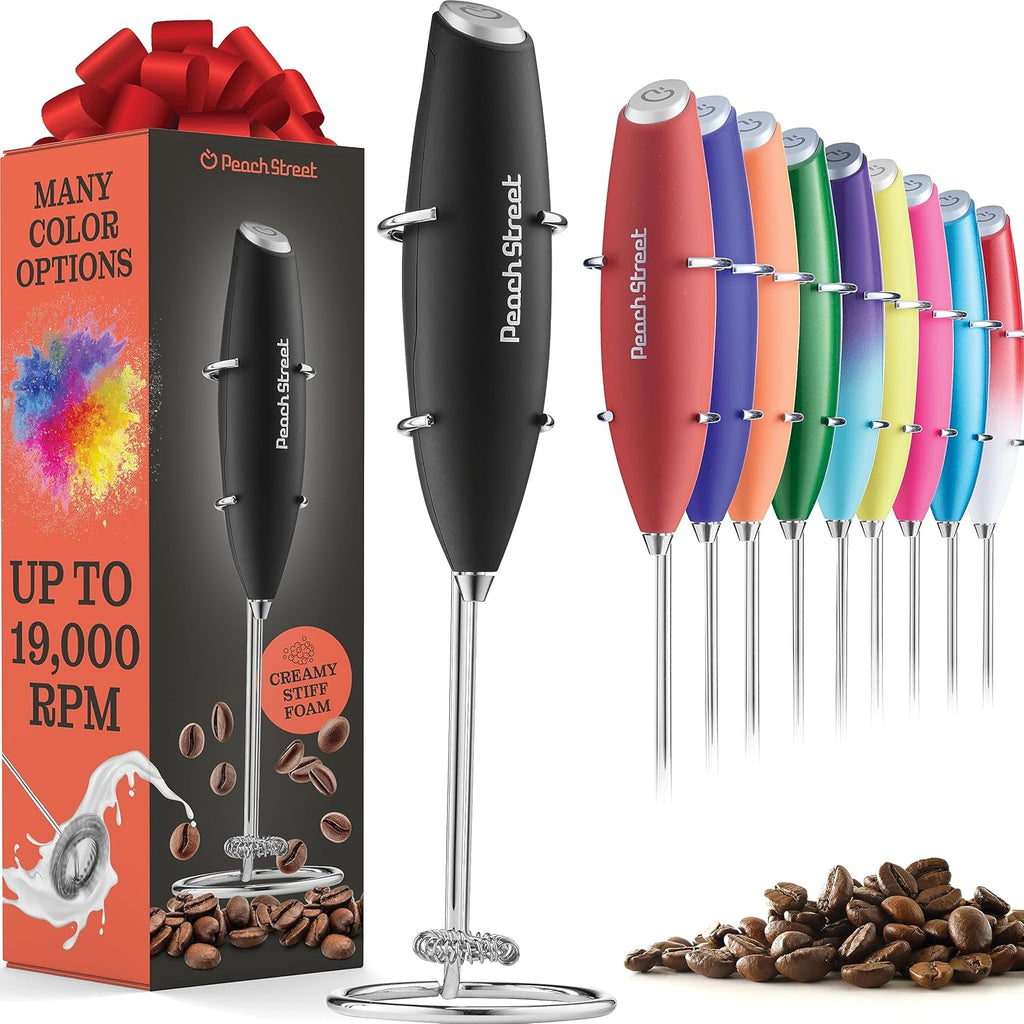 Powerful Handheld Milk Frother, Mini Milk Frother Wand, Battery Operated Stainless Steel Drink Mixer - Frother Stand for Milk Coffee, Lattes, Cappuccino, Frappe, Matcha, Hot Chocolate. Gift