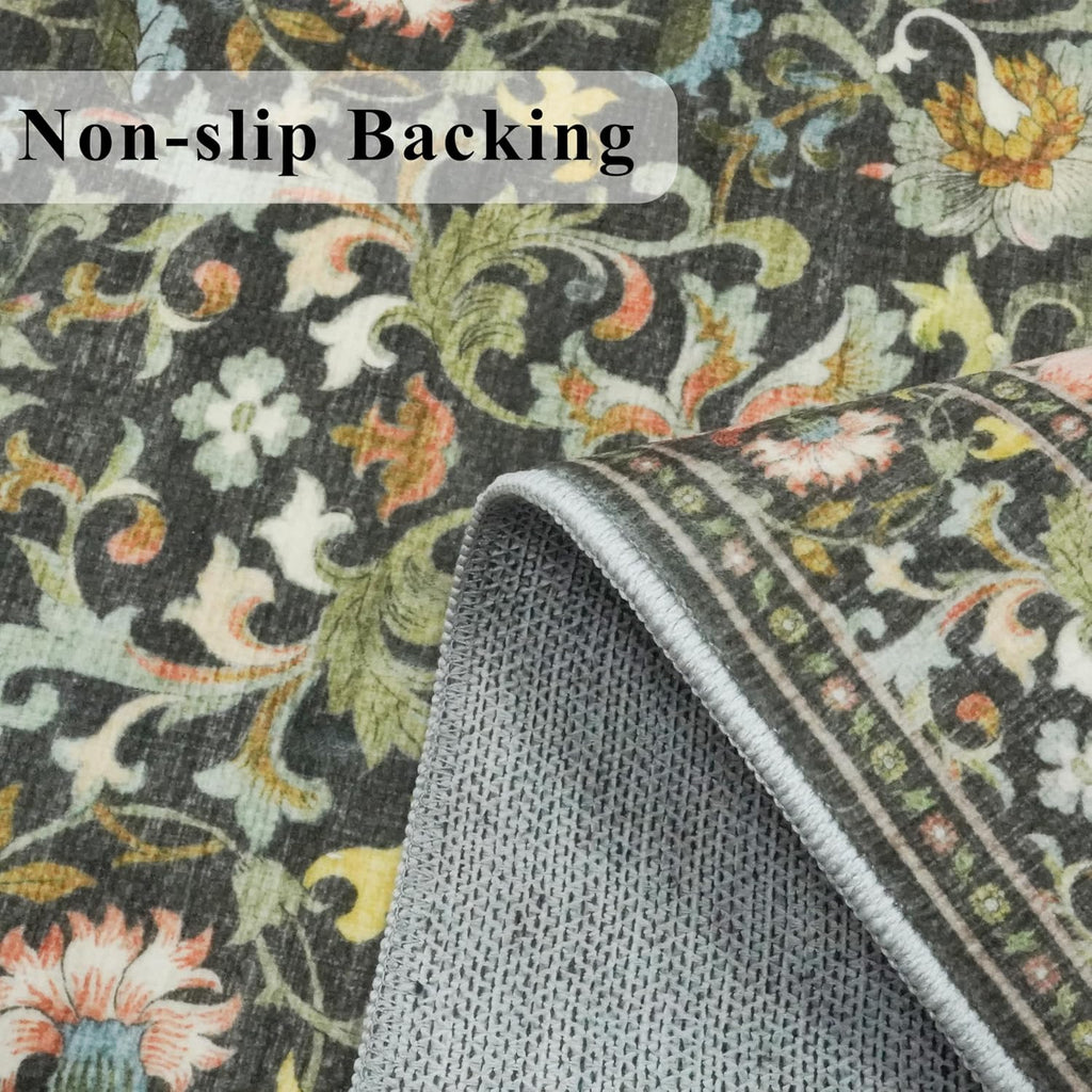 Skiennix Washable 4x6 Bedroom Rug - Non-Slip Floral Carpet for Living Room & Kitchen | Soft Boho Doormat in Green