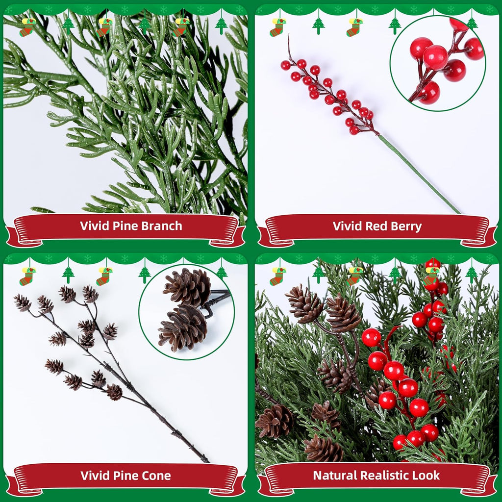 Norfolk Pine Faux Cedar Stems - 17 PCS Realistic Greenery with Pinecones & Red Berries for Christmas Decor