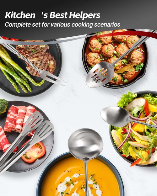304 Stainless Steel Kitchen Utensils Set - 11 PCS All Metal Cooking Tools & 15″ Serving Utensils Set, Meat Fork, Tongs, Turner, Pasta, Serving Spoon, Skimmer, Ladle, Spatula Spoon Set