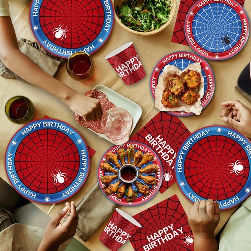 168Pcs Spider Birthday Decorations, Includes Plates Napkins Cups Knives Forks Spoons, Serve 24