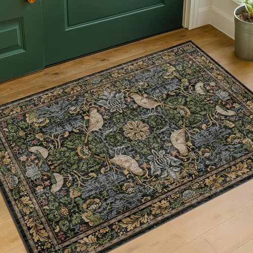 Hazo Haus Washable Dark Vintage Floral Rug - Small 2x3 Indoor Mat with Bird & Botanical Design in Brown Tones