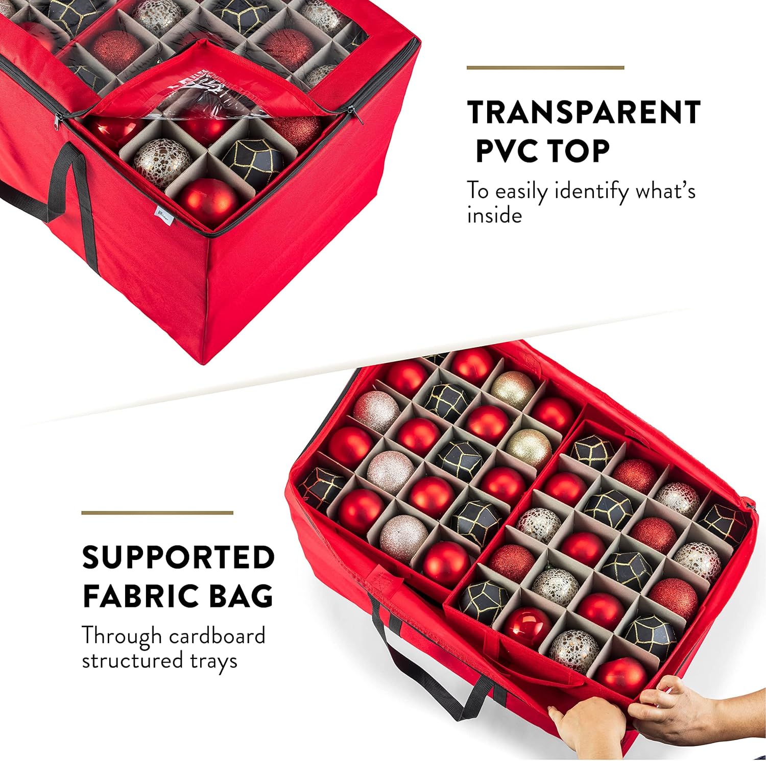 ZOBER Christmas Ornament Storage Box - Organize 200 3-Inch Ornaments with Individual Trays - Durable Red 600D Oxford Fabric