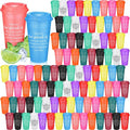 Skylety 96 Pcs Appreciation Tumblers Gifts Bulk 16 oz Thank You Teacher Employee Plastic Coffee Cups with Lids Colorful Reusable Inspirational Tumblers for Coworker Staff Christmas