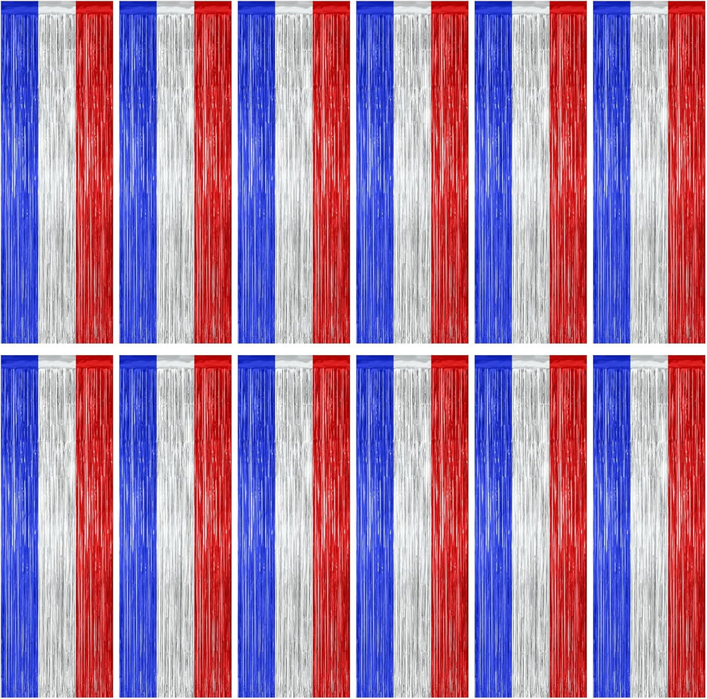 Patriotic Tinsel Backdrop by [Brand Name] - 12 Pack Metallic Blue, Silver & Red Fringe Curtains | 3.28 FT x 7.05 FT Independence Day Party Decor