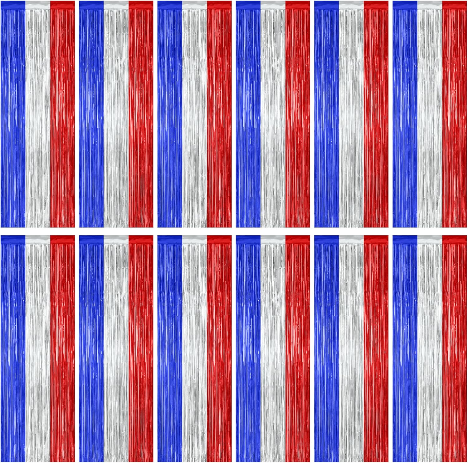 Patriotic Tinsel Backdrop by [Brand Name] - 12 Pack Metallic Blue, Silver & Red Fringe Curtains | 3.28 FT x 7.05 FT Independence Day Party Decor