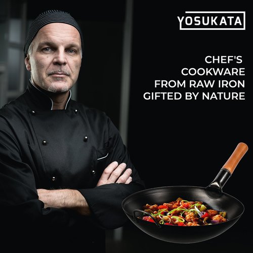 YOSUKATA 14" Carbon Steel Wok with Round Bottom – Pre-Seasoned Pow Wok for Stir Fry – Traditional Chinese Japanese Black Steel Pan – Outdoor Cookware for Gas Stovetops, Open Fire, BBQ, Camping