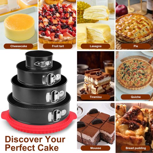 isheTao Springform Pan Set of 4, 4/7/9/10inch Cake Pans with Leakproof Silicone Protector, Non-Stick Leak-Proof with Removable Bottom, Cheesecake Pan for Baking, Black