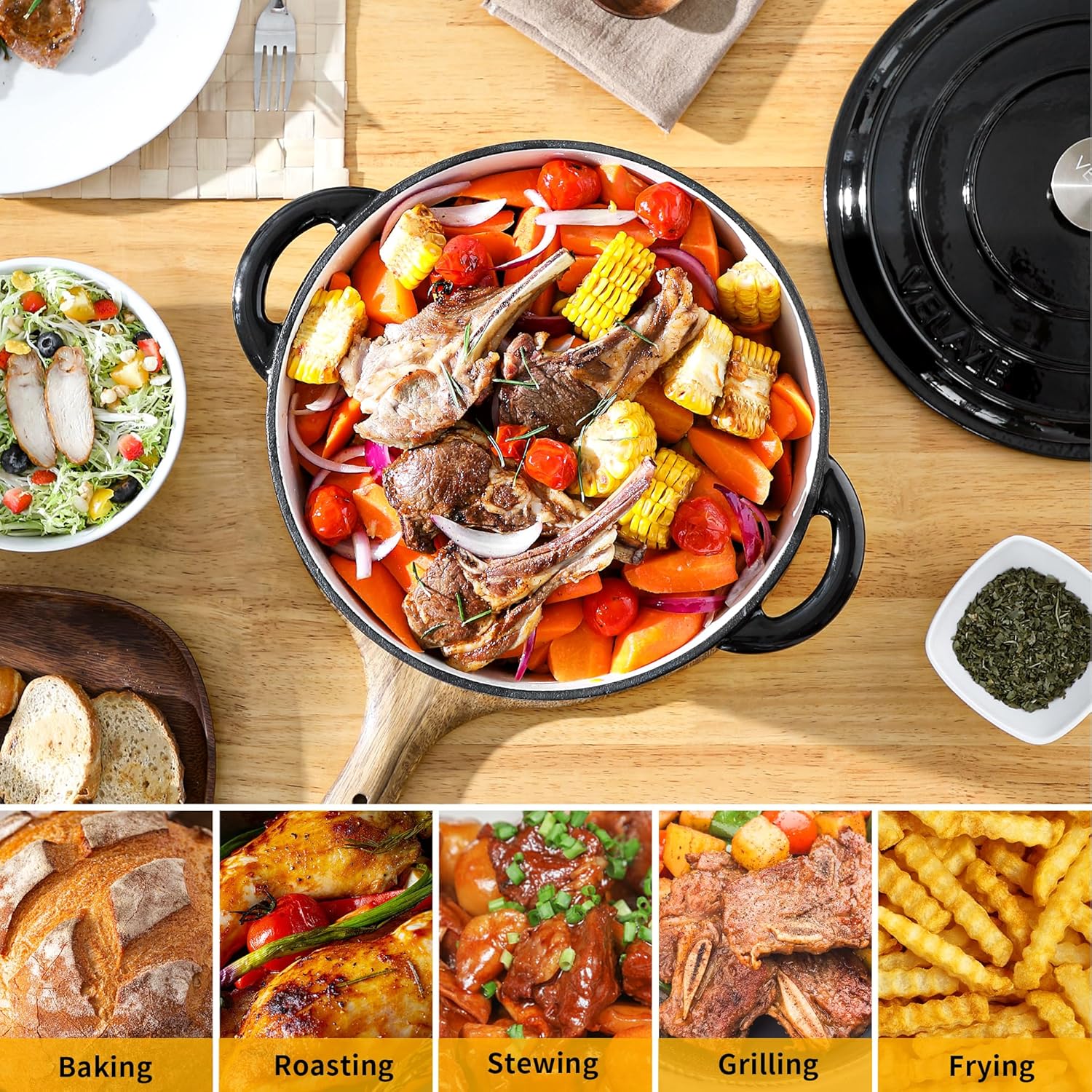 Velaze 7.5 QT Dutch Oven - Enameled Cast Iron Cookware with Dual Handles for Sourdough Baking | Black