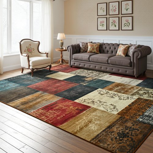 Tepook Modern Area Rug for Living Room, 6x9 Geometric Large Rugs for Bedroom, Washable Patchwork Rug Indoor Non-Slip Throw Carpets for Dining Room Office Farmhouse Home Decor, Multi
