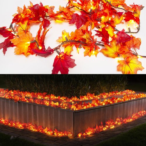 Brillarlights Thanksgiving Decorations for Home Lighted Garland with Lights, 11FT Thanksgiving Lighted Garland Plug in Fall Leaf, 50 Orange Bulbs Fall Garland for Mantle with Lights