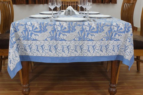 72x118 Inches Rectangle Hand Block Printed Cotton Tablecloth, White Blue Floral Table Cloths Washable, Indian Table Linen for Valentine Thanksgiving Gifts Home Decor Dinning Outdoor