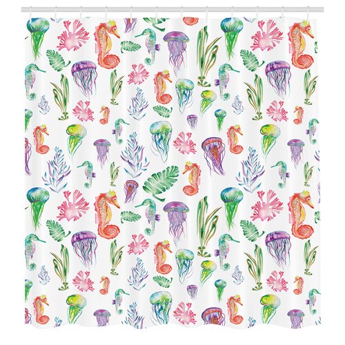 Ambesonne Jellyfish Shower Curtain, Colorful Seahorses Jellyfish and Seaweed Algae Fun Underwater Design Pattern, Cloth Fabric Bathroom Decor Set with Hooks, 69" W x 75" L, Green Pink